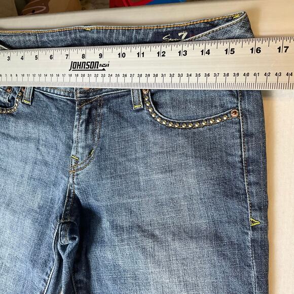 Seven 7 Women Flared Jeans size 30 Blue Low Rise Stretch Beaded - Picture 2 of 12